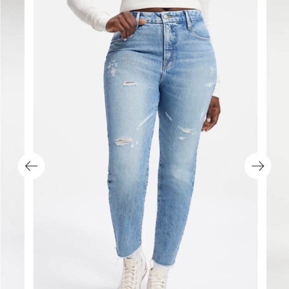 NWT Good American The Weekender High Waisted Distressed Raw Hem Indigo Jeans - Picture 1 of 15